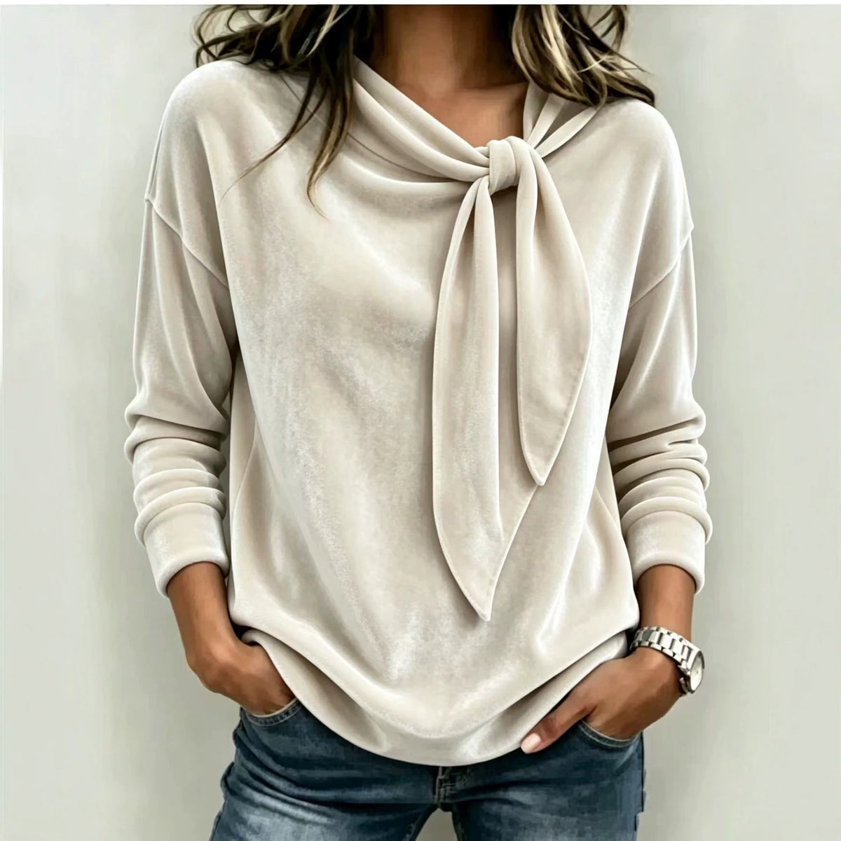 Women's Solid Color Long Sleeve Bow Top
