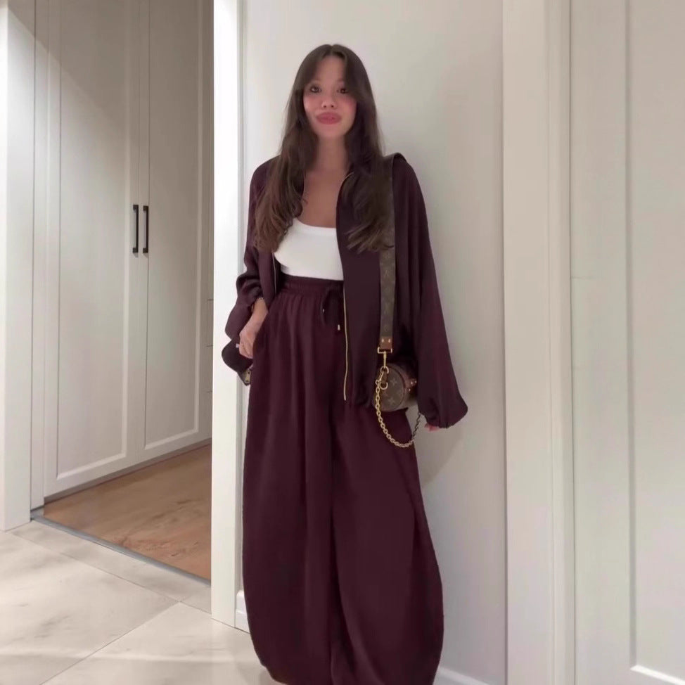 Women's Flip Collar Long Sleeve Jacket & Wide Leg Pants 2-Piece Set