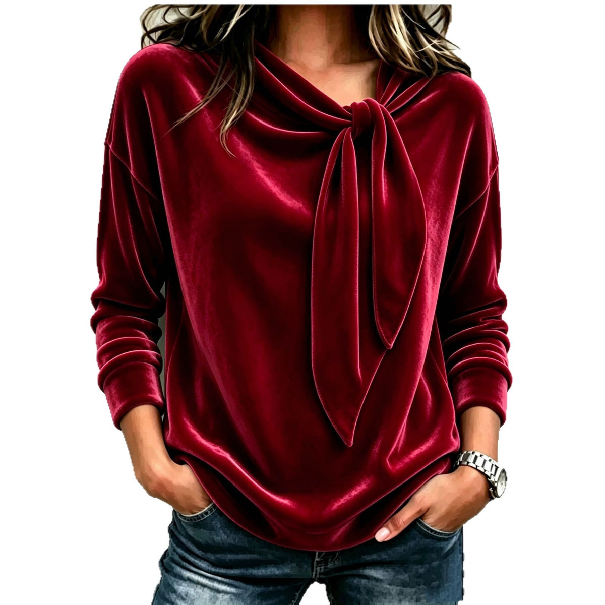 Women's Solid Color Long Sleeve Bow Top
