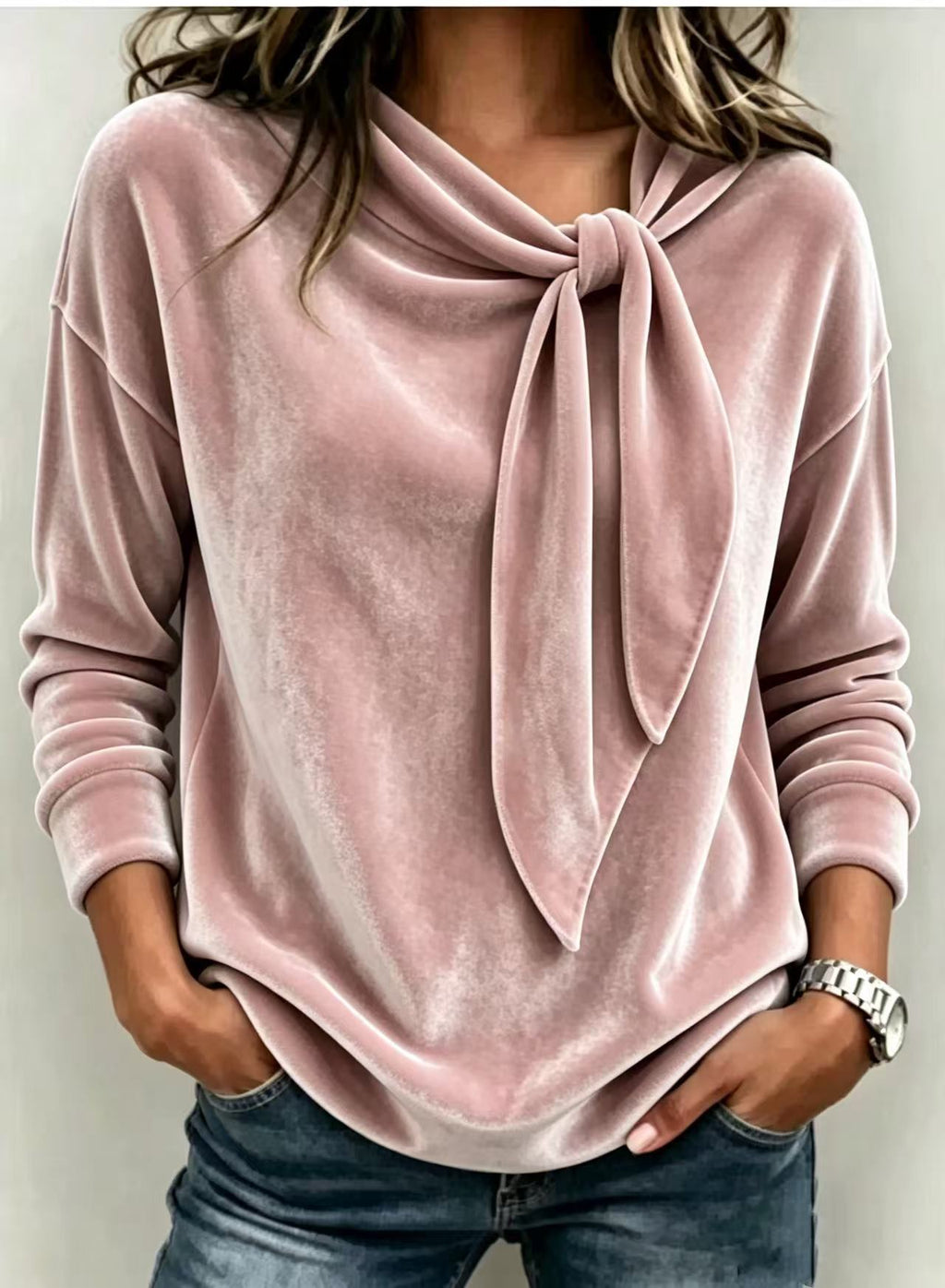 Women's Solid Color Long Sleeve Bow Top