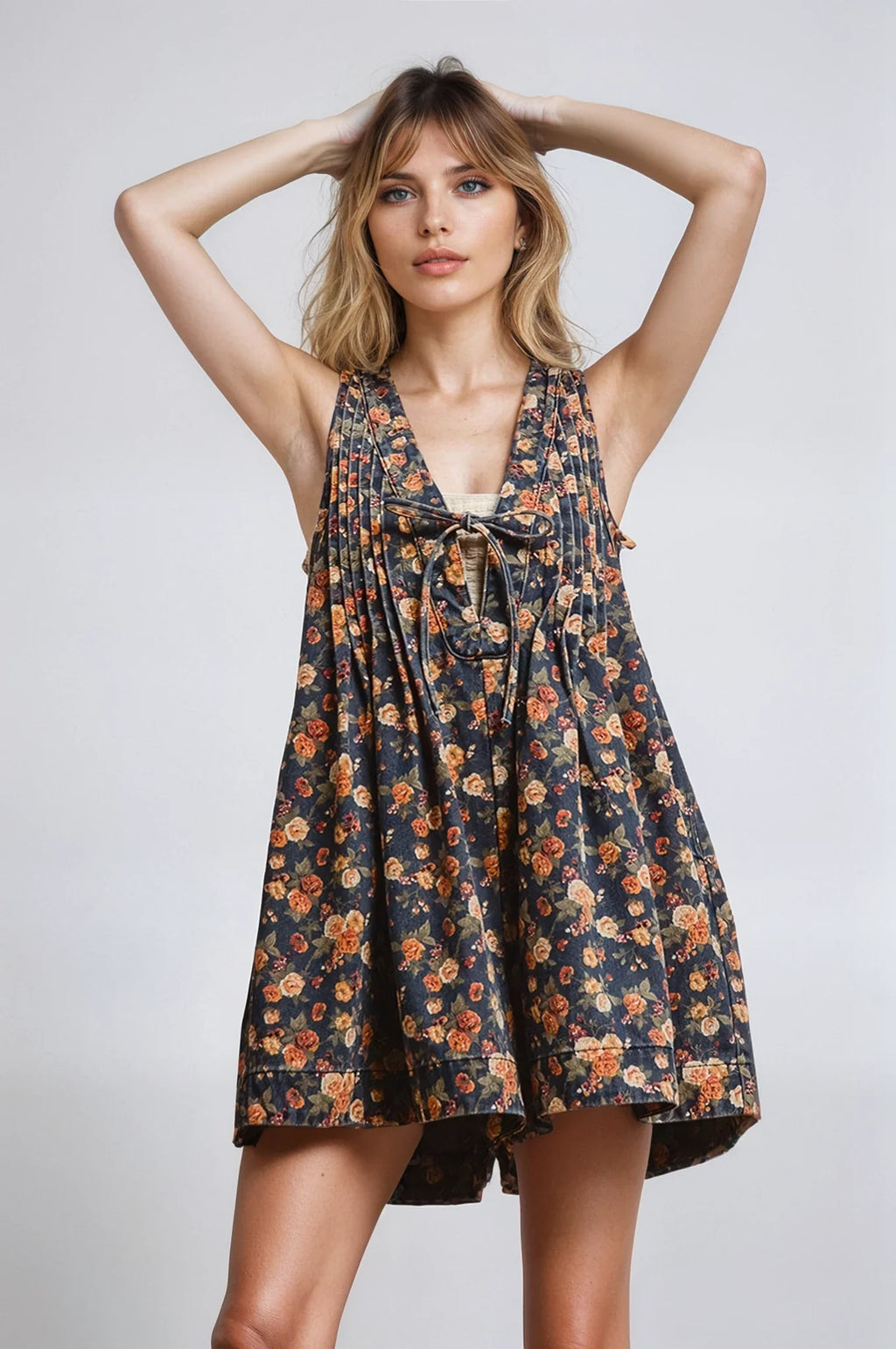 Women's Vintage Bloom Denim Romper – Casual Summer Style