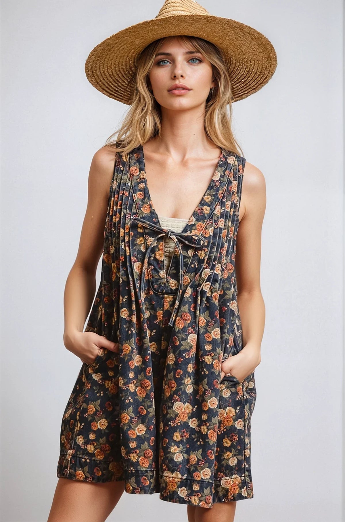 Women's Vintage Bloom Denim Romper – Casual Summer Style
