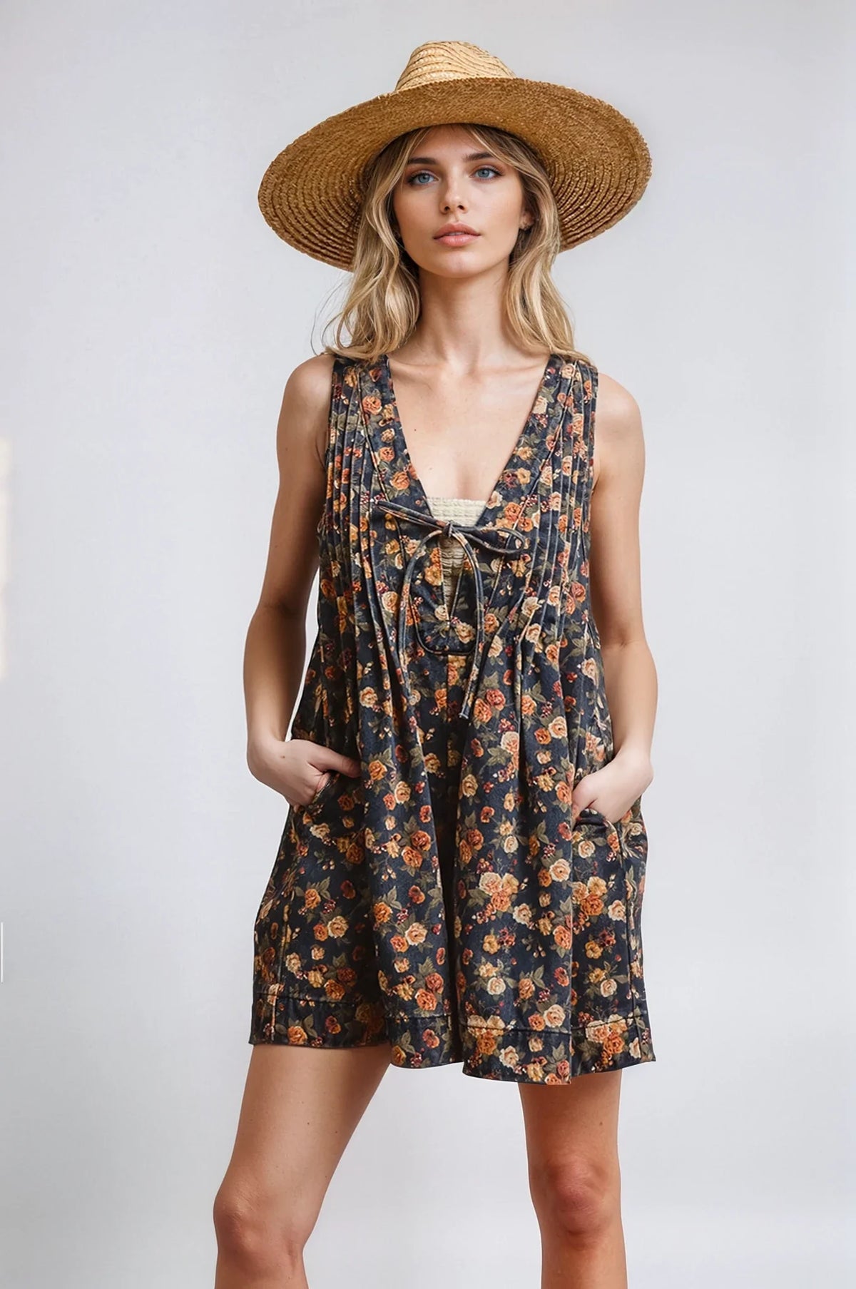 Women's Vintage Bloom Denim Romper – Casual Summer Style