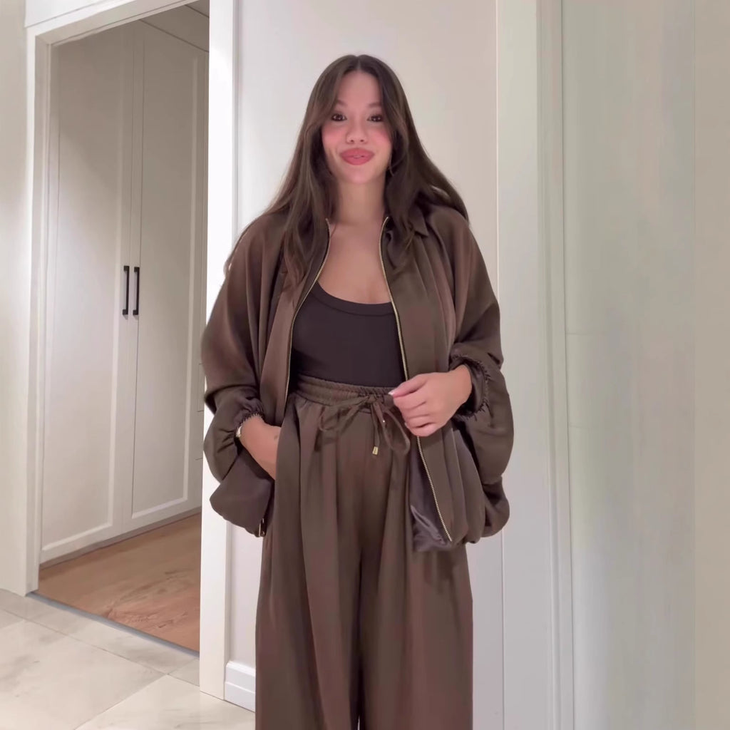 Women's Flip Collar Long Sleeve Jacket & Wide Leg Pants 2-Piece Set