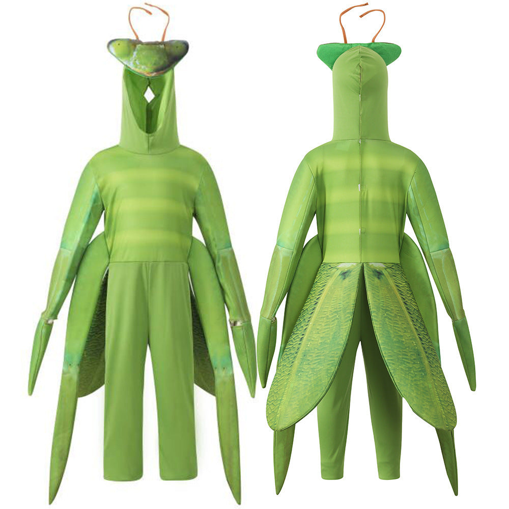 Praying Mantis costume worn by a child - side view