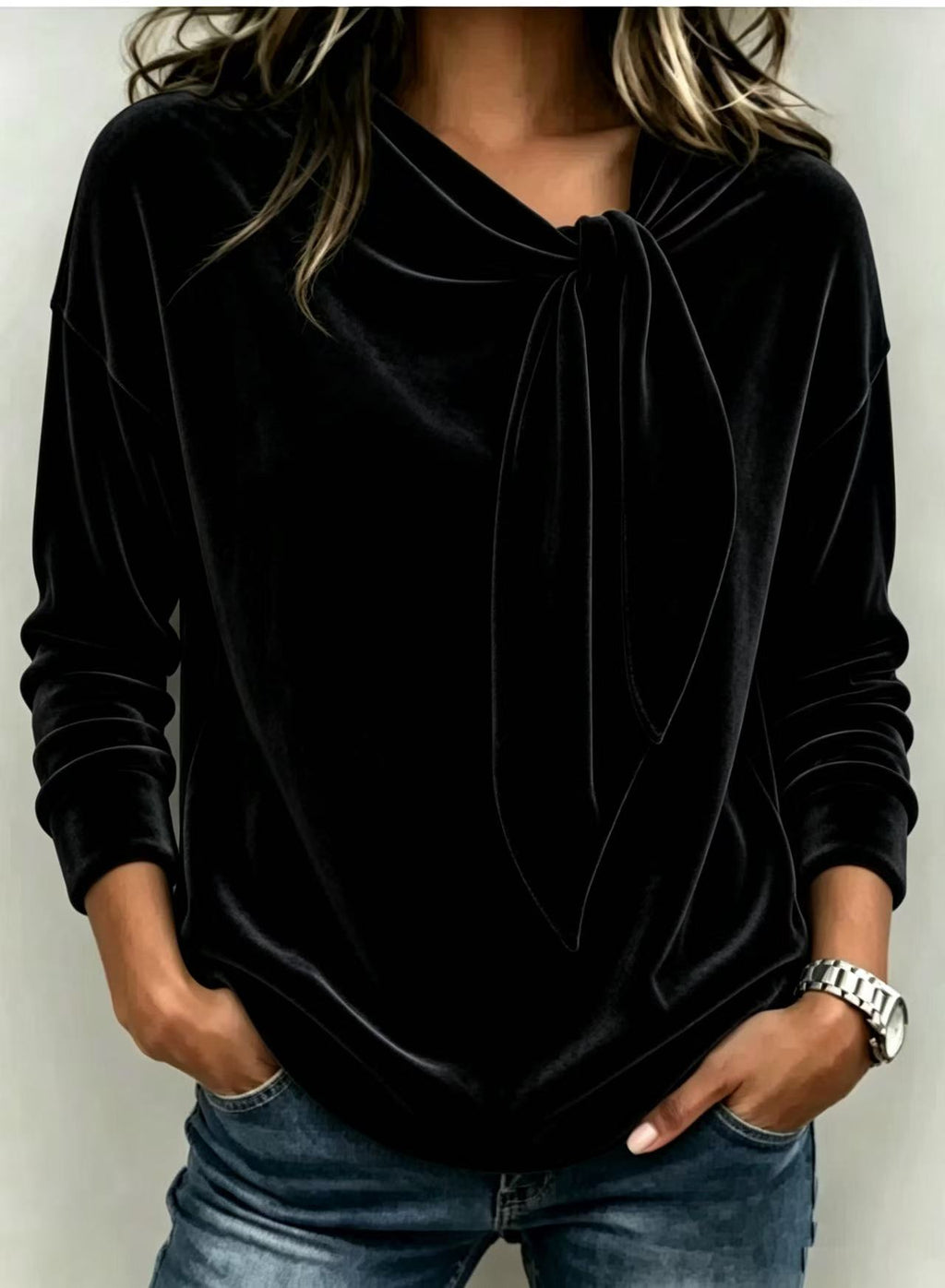 Women's Solid Color Long Sleeve Bow Top