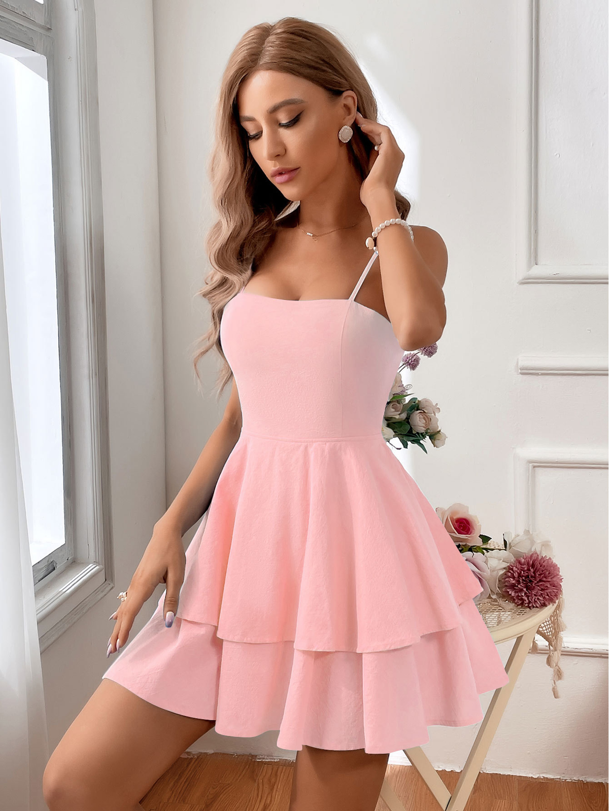 Women's Cotton Square Neck Cami A-Line Mini Dress – High Waist Bow Tie