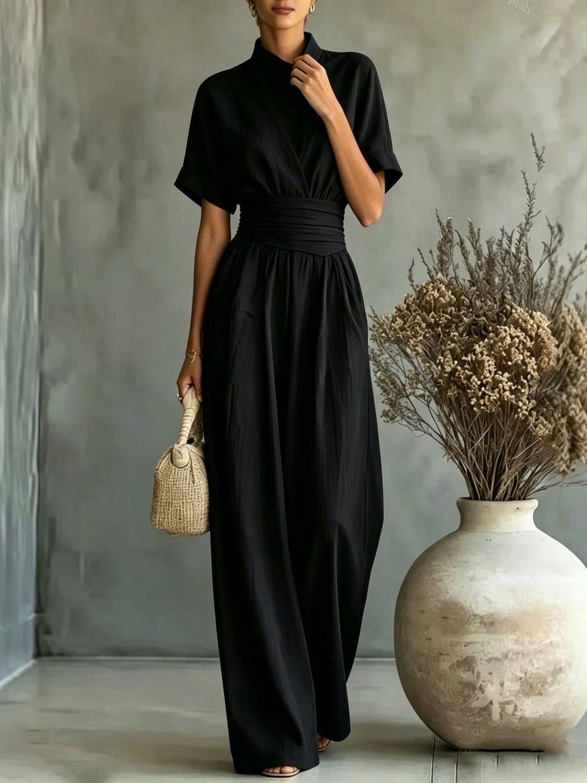 Women's Half High Neck Short Sleeve Wide Leg Jumpsuit