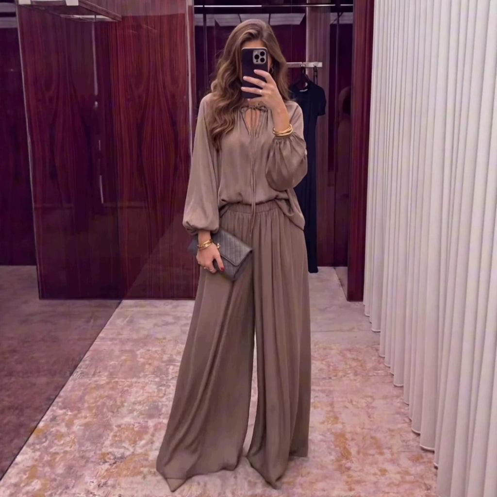 Women's Solid Color V-Neck Lace-Up Loose Pants Set
