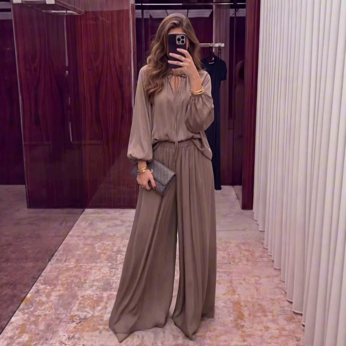 Women's Solid Color V-Neck Lace-Up Loose Pants Set