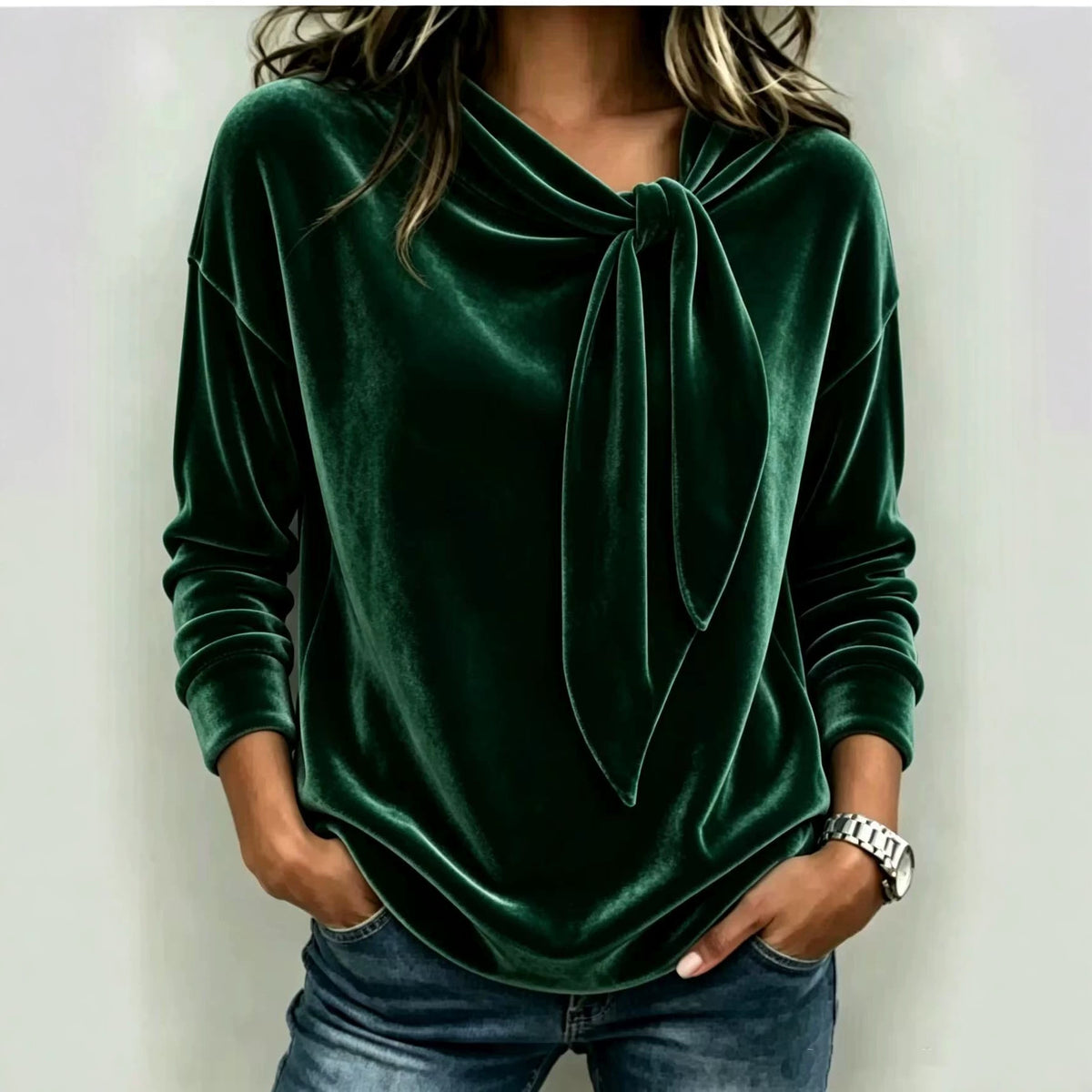 Women's Solid Color Long Sleeve Bow Top