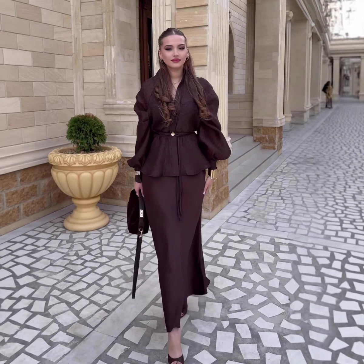 Women's Chic V-Neck Cardigan & High-Waisted Skirt Set – Long Sleeve