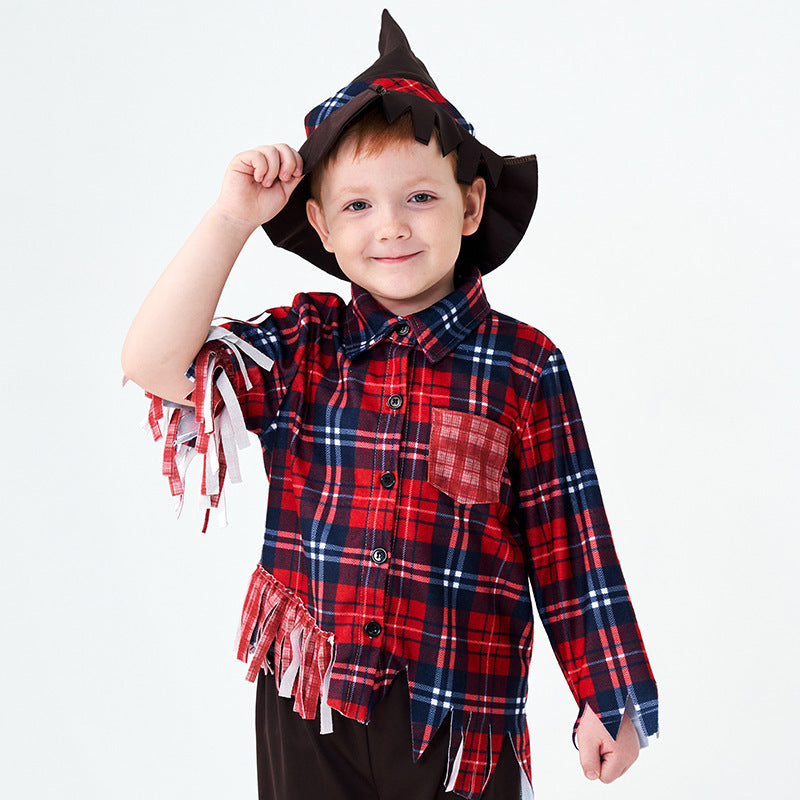 Scarecrow costume worn by a child - back view