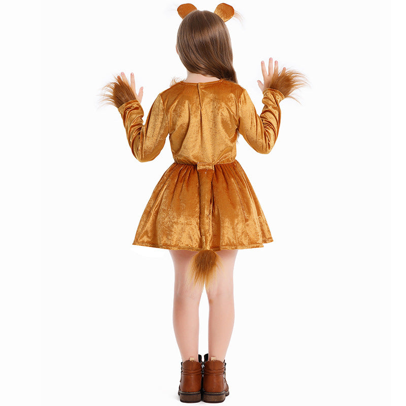 Lion costume worn by a family - side view