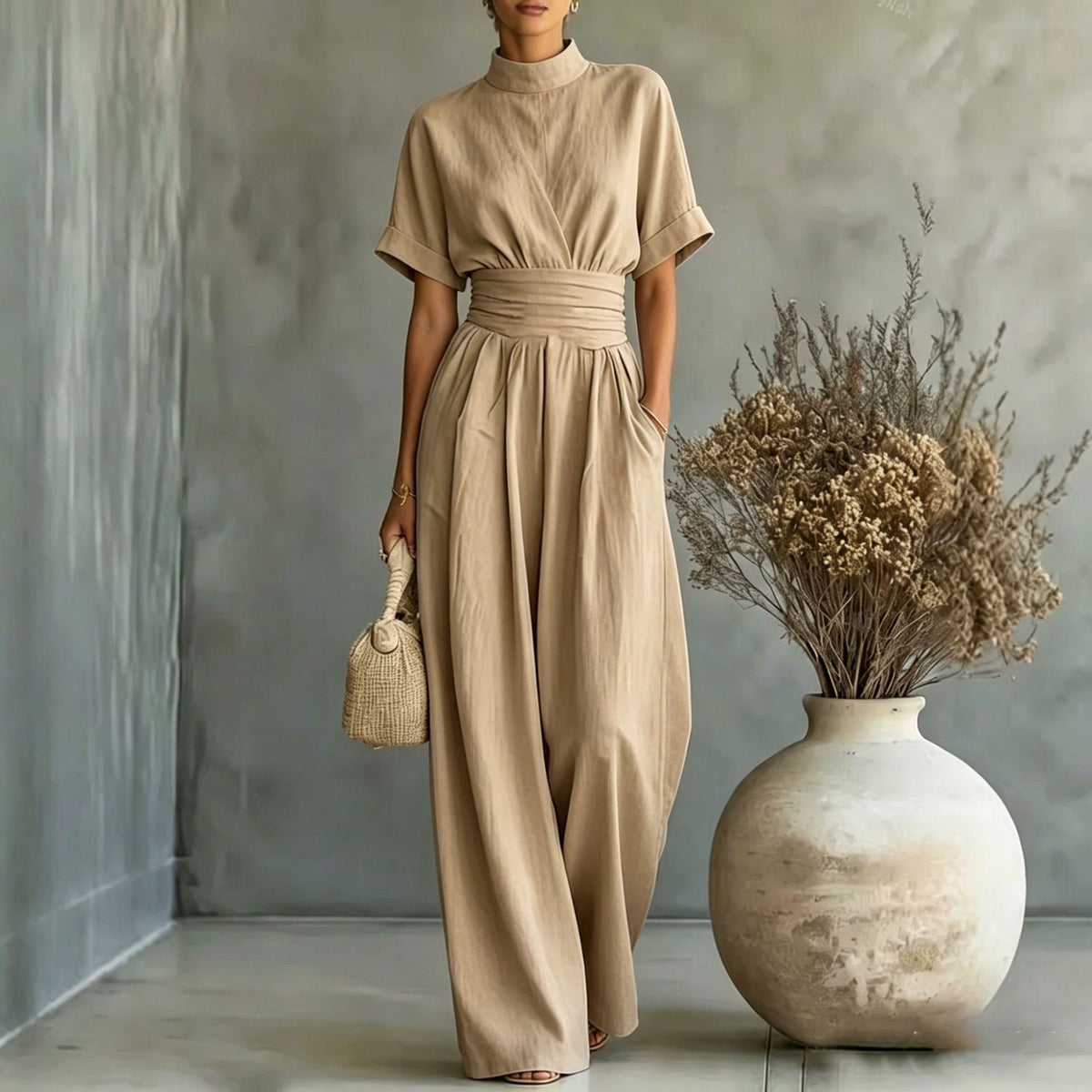 Women's Half High Neck Short Sleeve Wide Leg Jumpsuit