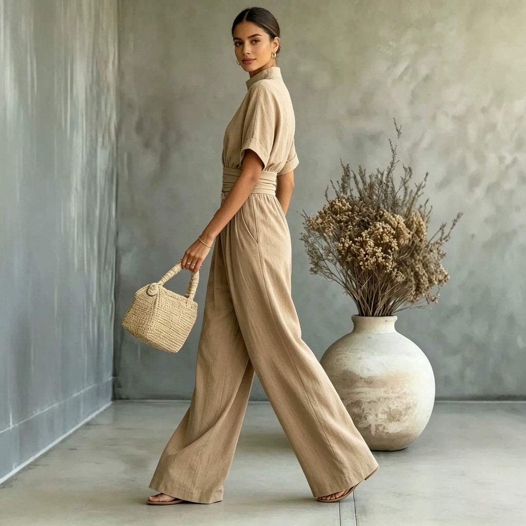 Women's Half High Neck Short Sleeve Wide Leg Jumpsuit
