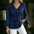 Women's Elegant V-Neck Ruffle Blouse – Tie Waist Lantern Sleeve Top