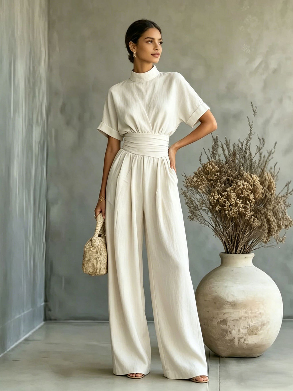 Women's Half High Neck Short Sleeve Wide Leg Jumpsuit