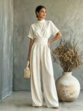 Women's Half High Neck Short Sleeve Wide Leg Jumpsuit