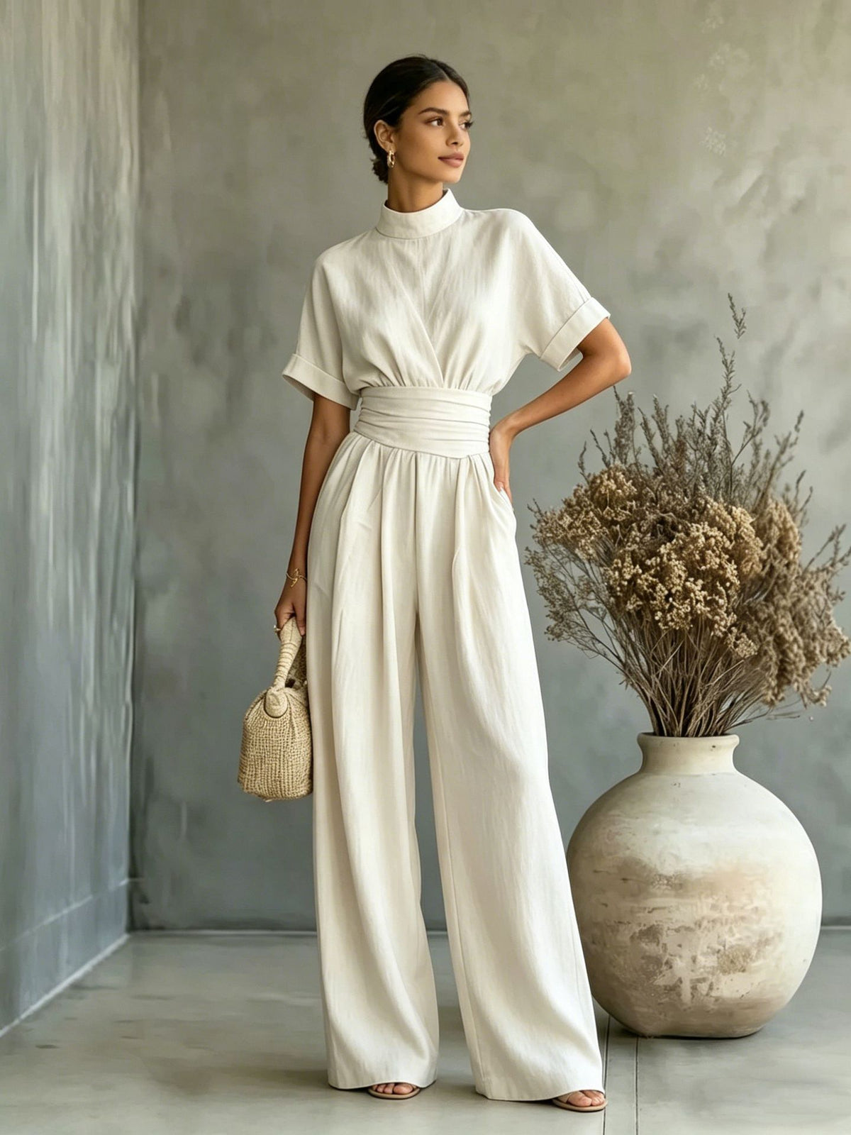 Women's Half High Neck Short Sleeve Wide Leg Jumpsuit