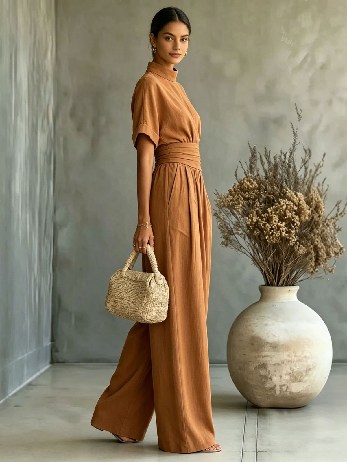 Women's Half High Neck Short Sleeve Wide Leg Jumpsuit