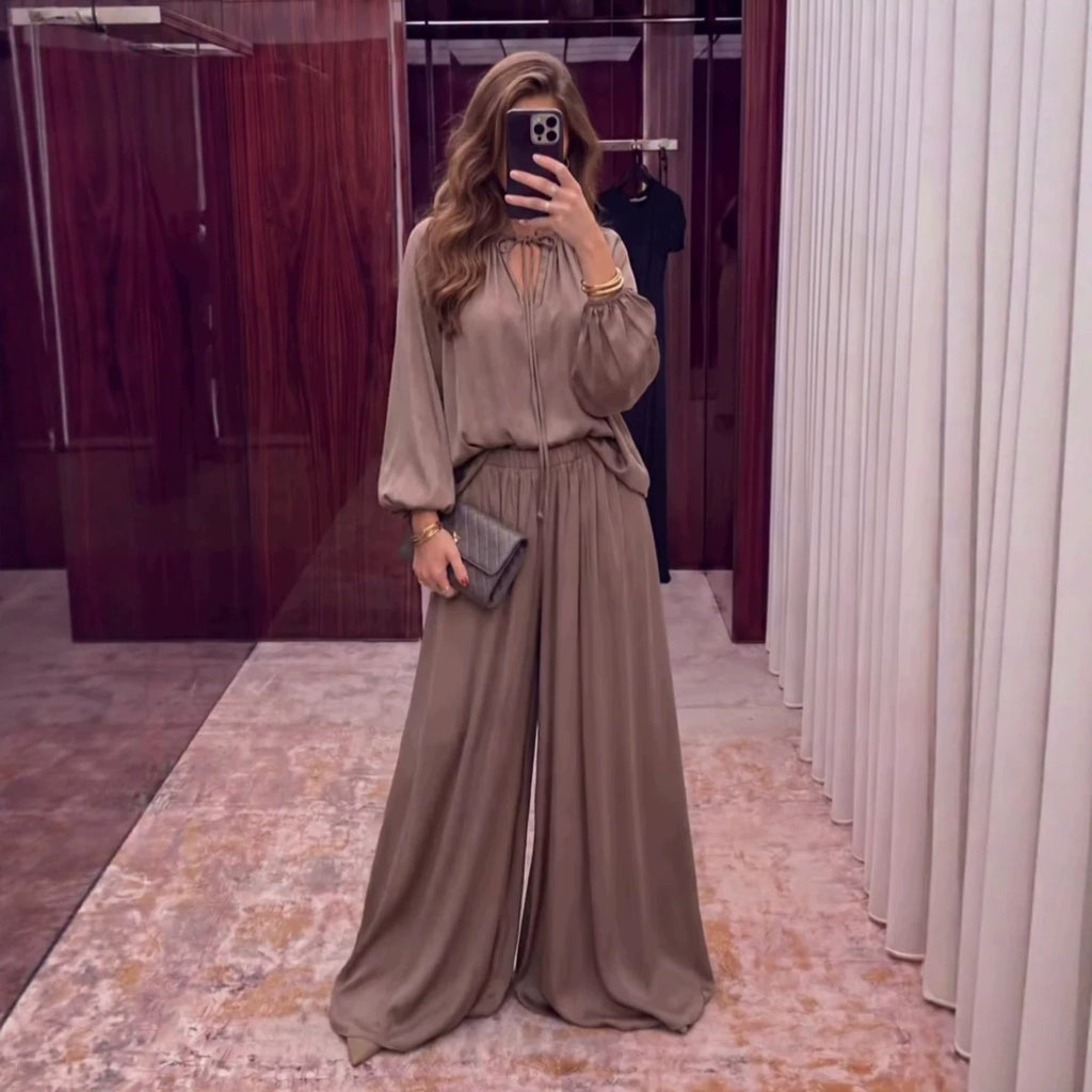 Women's Solid Color V-Neck Lace-Up Loose Pants Set