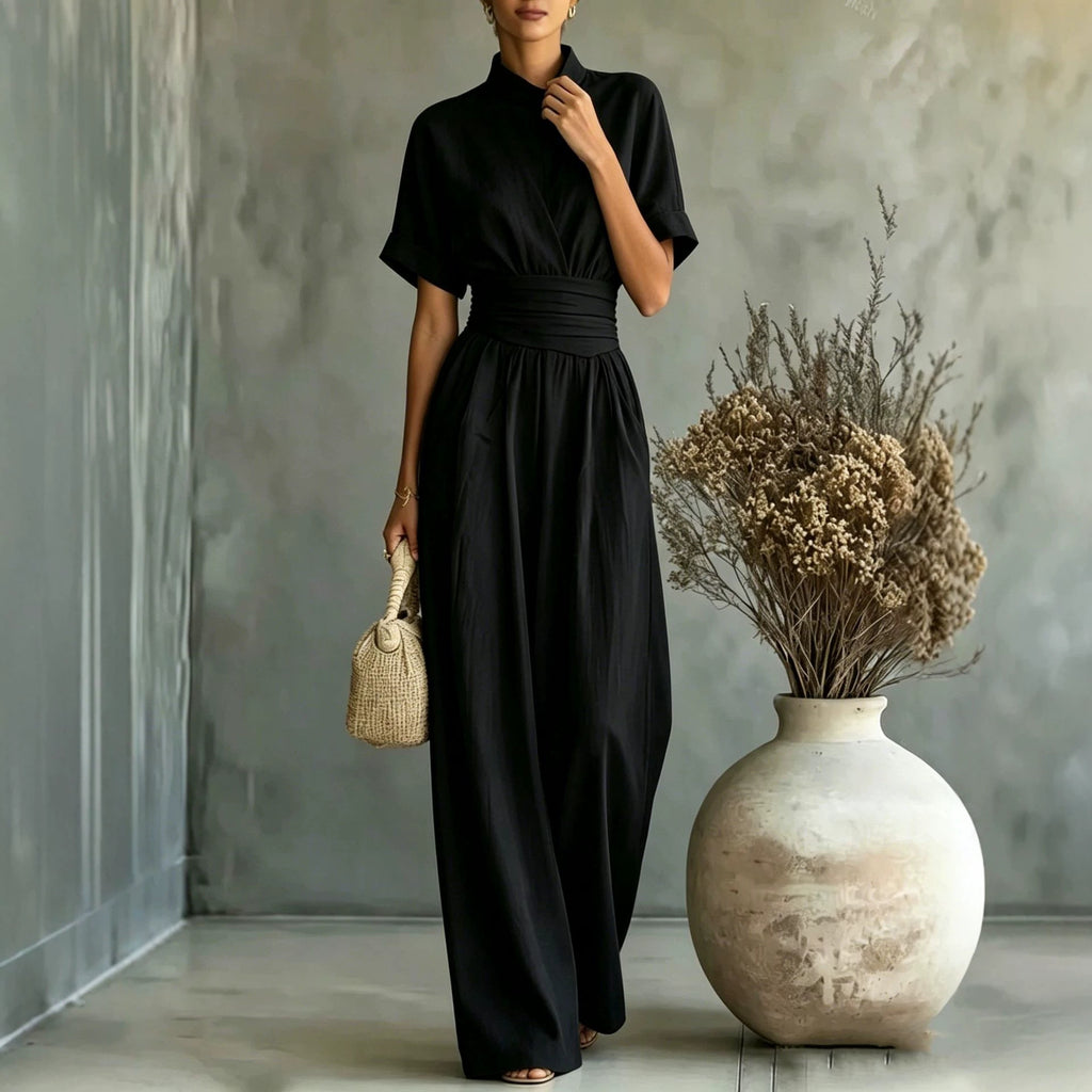 Women's Half High Neck Short Sleeve Wide Leg Jumpsuit