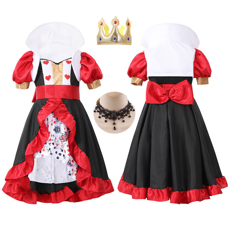 Queen of Hearts costume worn by a girl - detail view