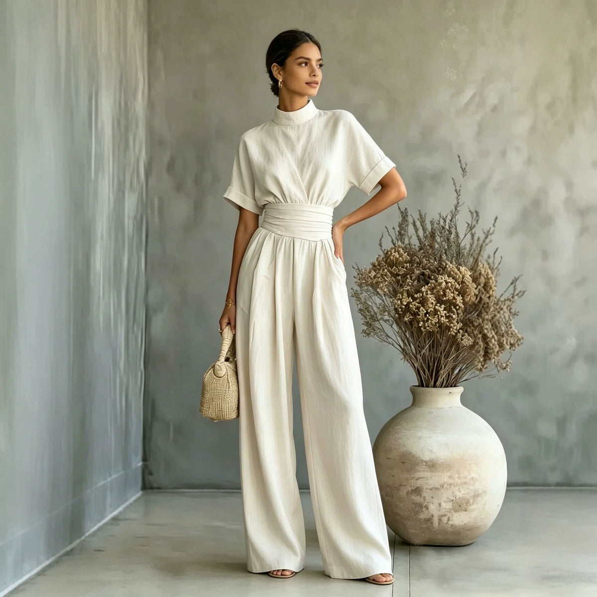 Women's Half High Neck Short Sleeve Wide Leg Jumpsuit