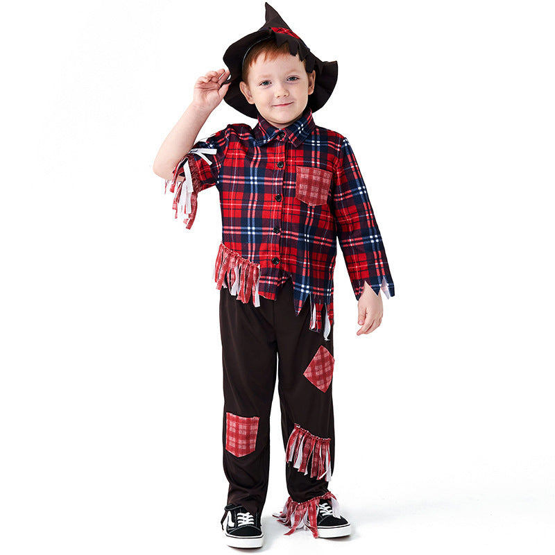 Scarecrow costume worn by a child - side view
