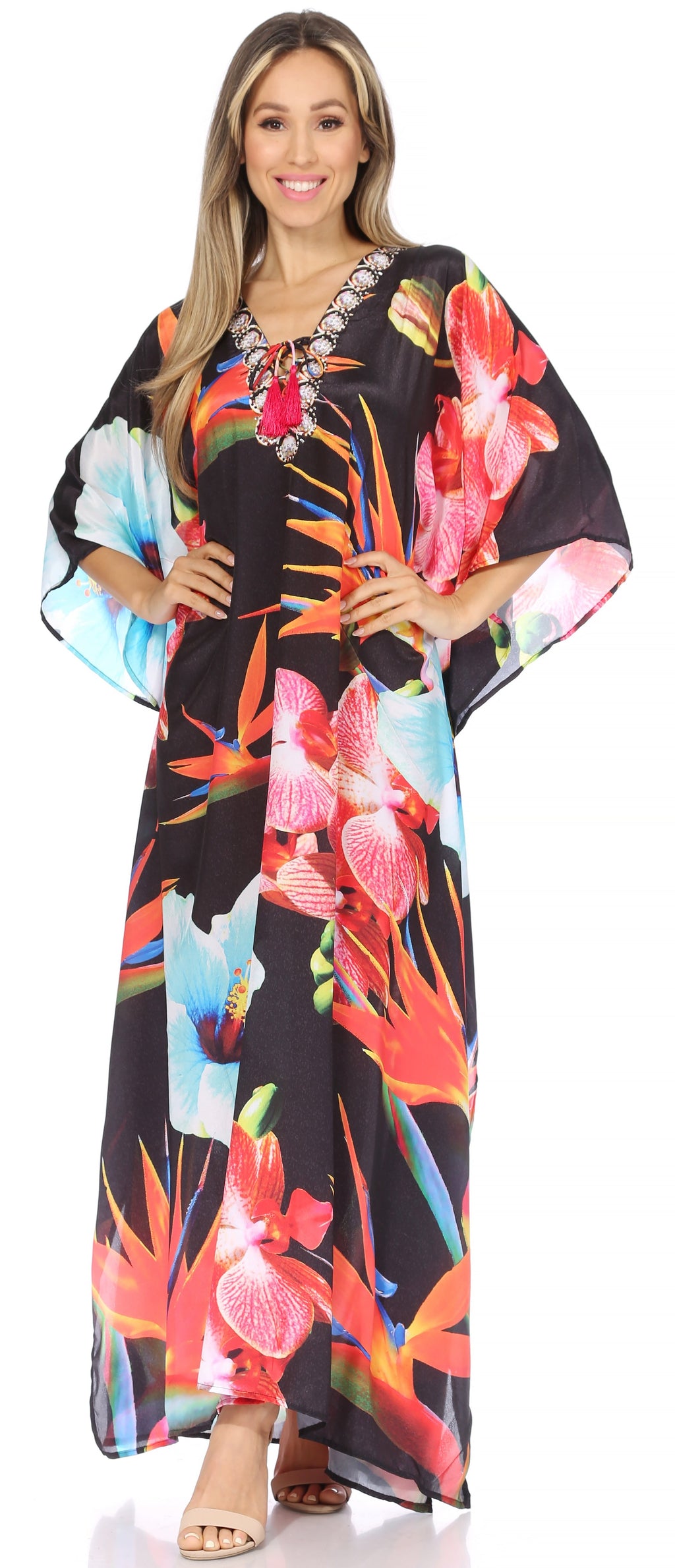 Sakkas Georgettina Flowy Rhinestone V-Neck Long Caftan Dress & Cover Up