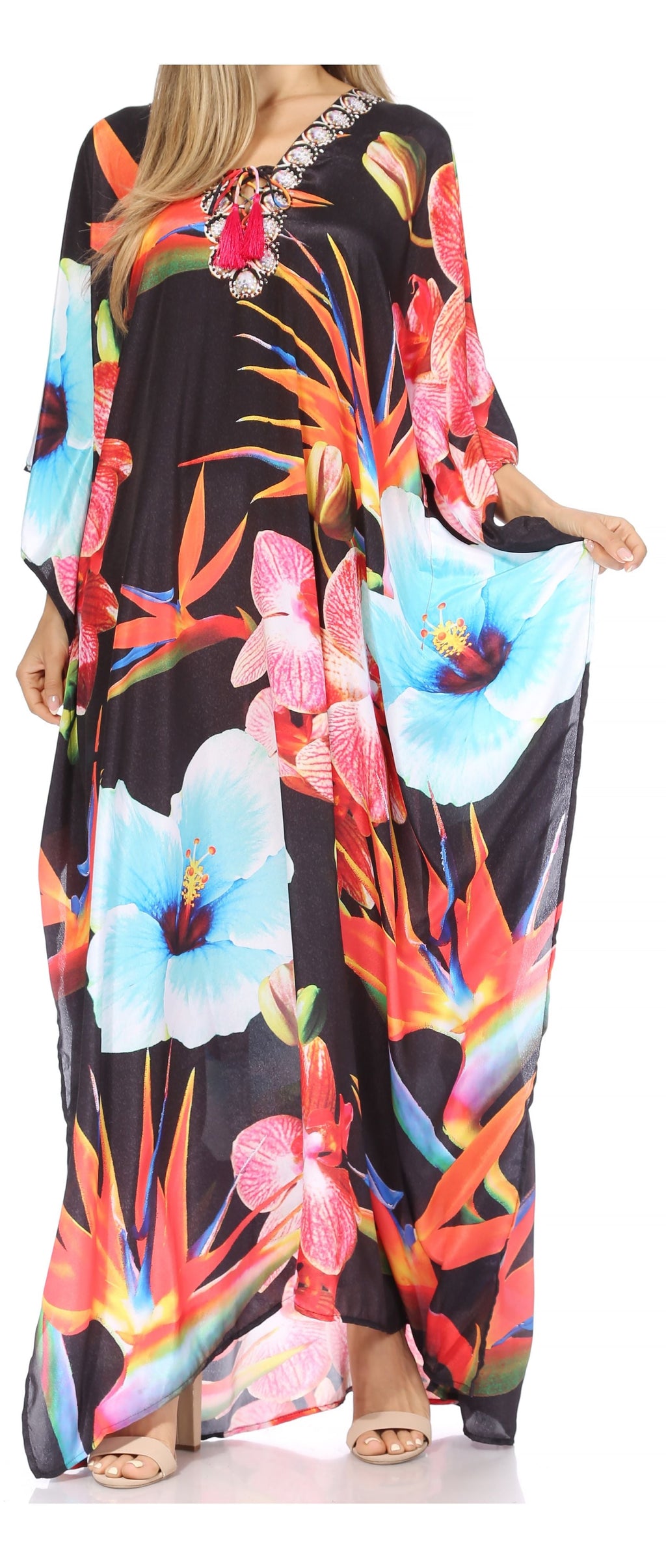 Sakkas Georgettina Flowy Rhinestone V-Neck Long Caftan Dress & Cover Up