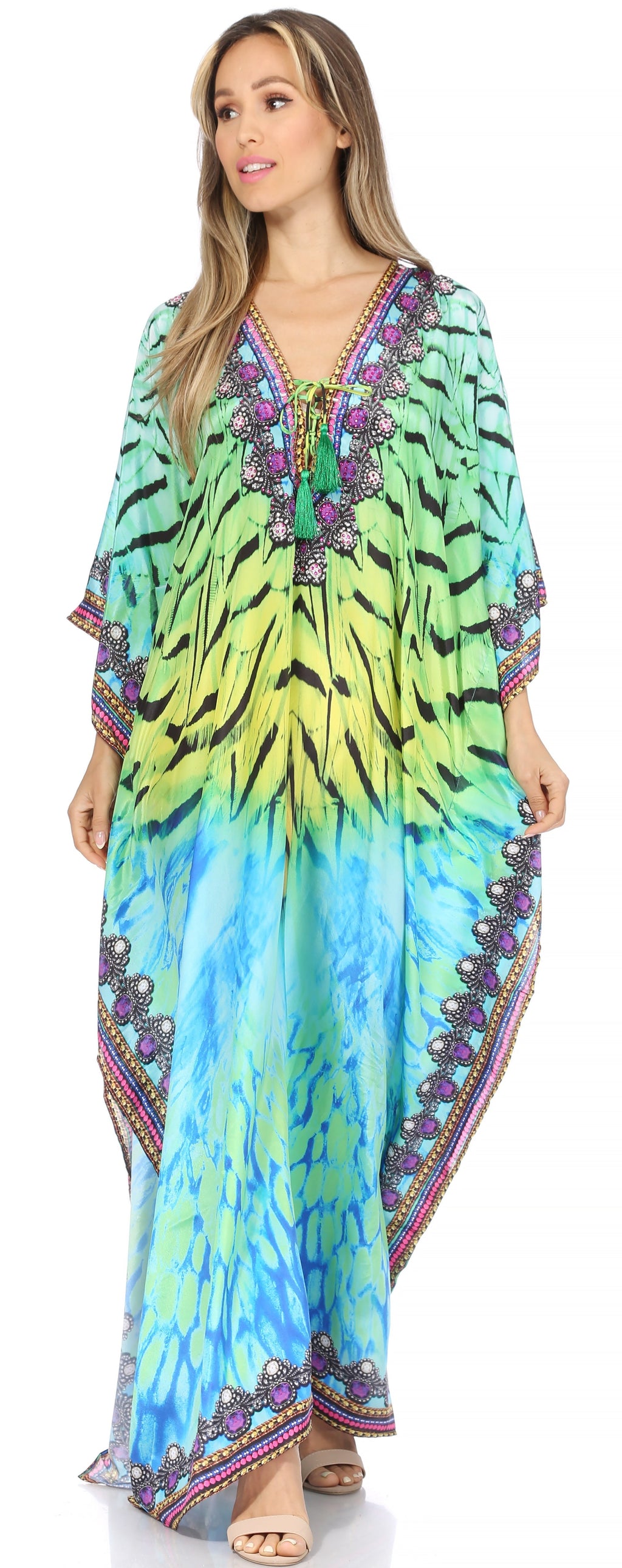 Sakkas Georgettina Flowy Rhinestone V-Neck Long Caftan Dress & Cover Up