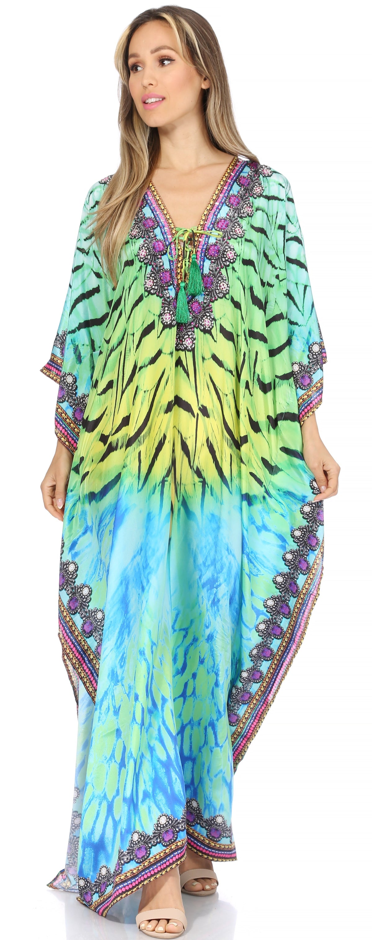 Sakkas Georgettina Flowy Rhinestone V-Neck Long Caftan Dress & Cover Up
