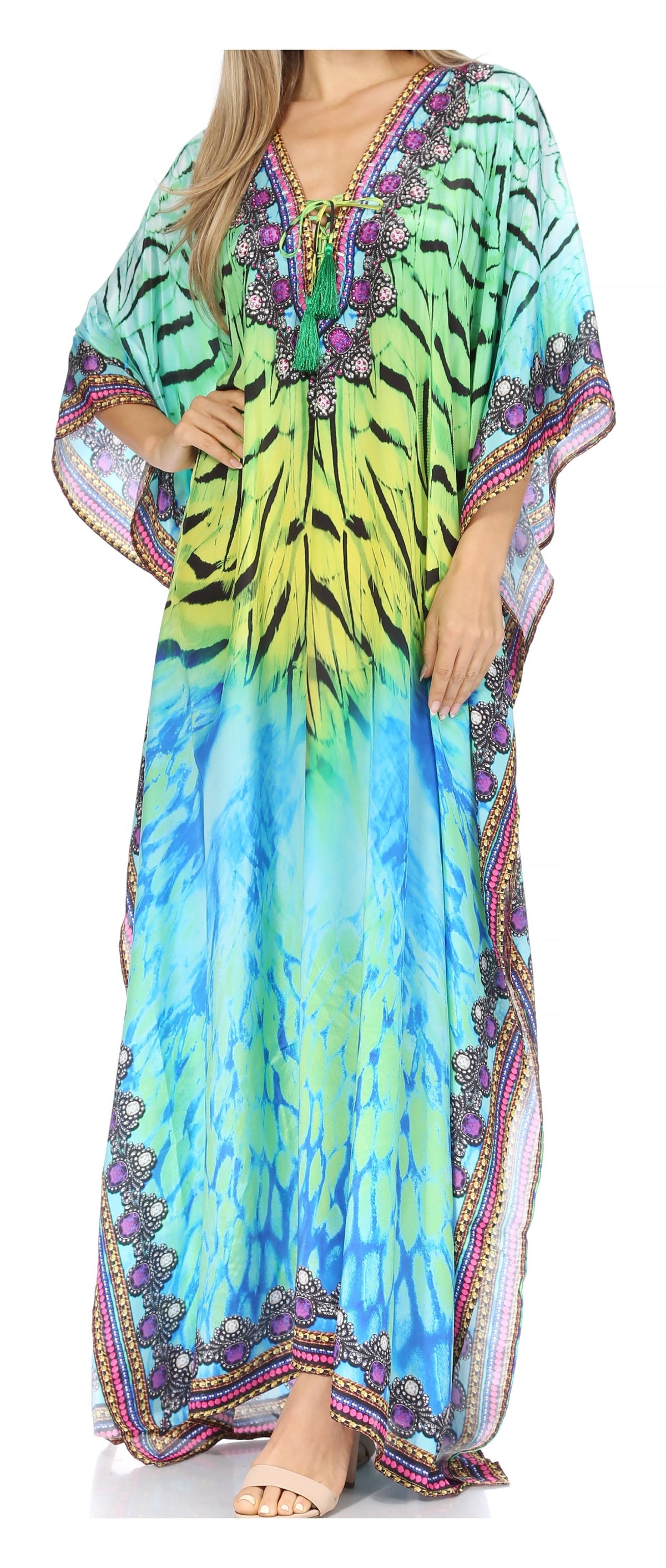 Sakkas Georgettina Flowy Rhinestone V-Neck Long Caftan Dress & Cover Up
