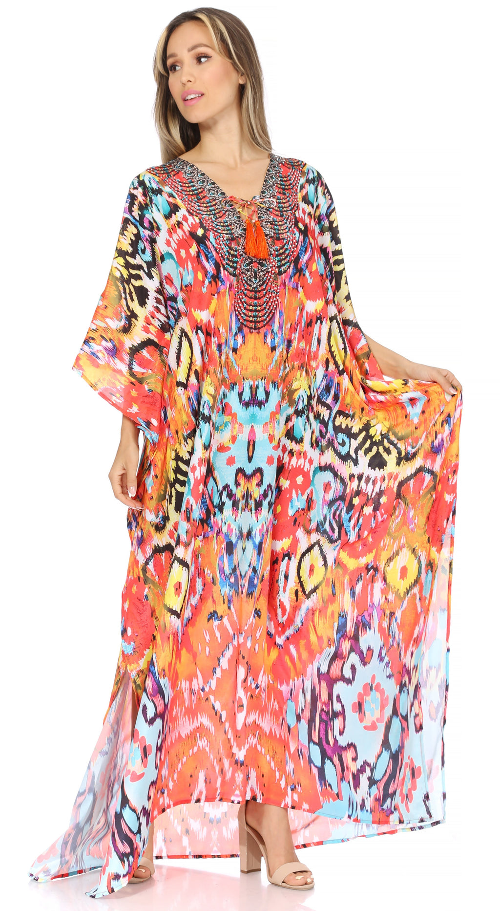 Sakkas Georgettina Flowy Rhinestone V-Neck Long Caftan Dress & Cover Up