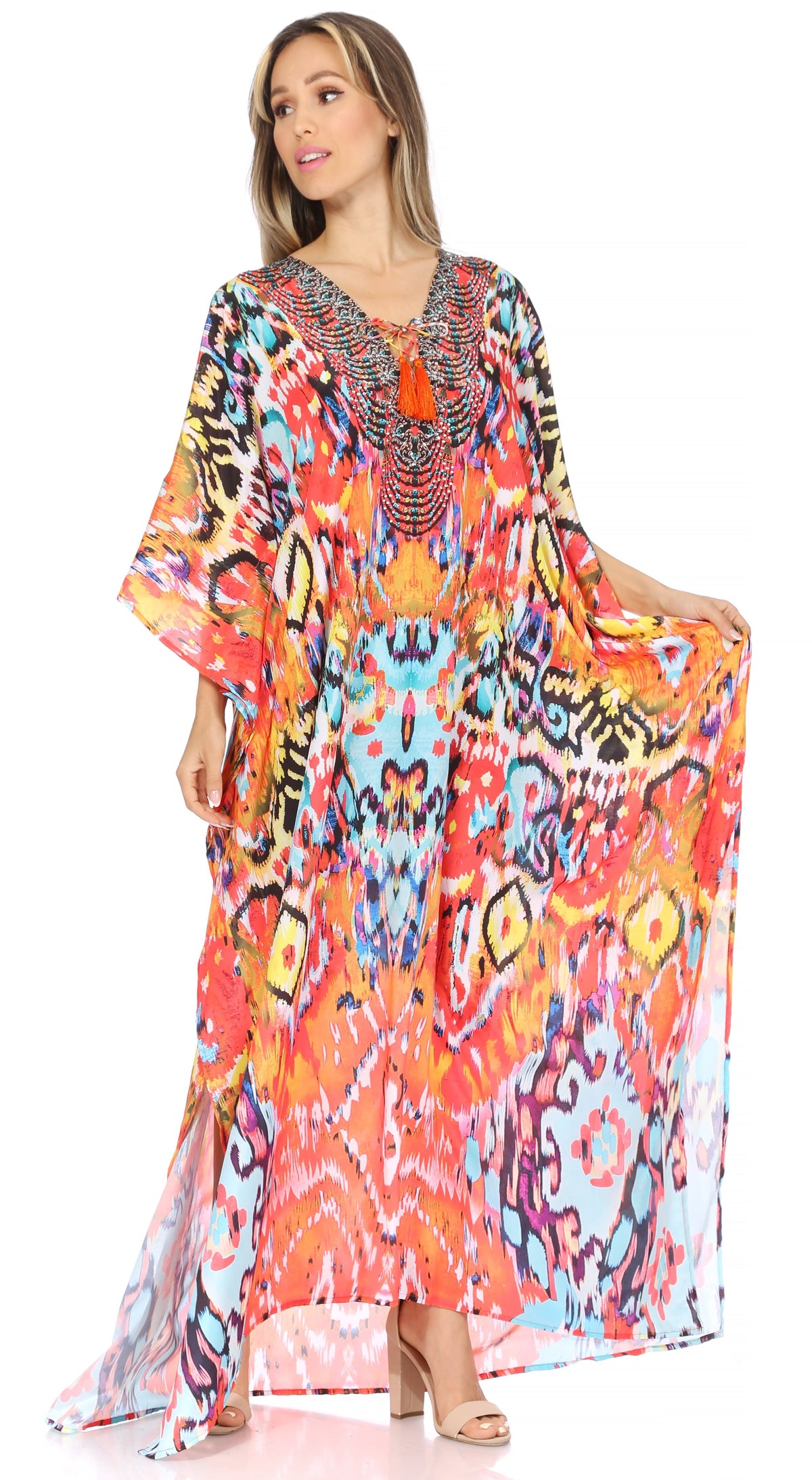 Sakkas Georgettina Flowy Rhinestone V-Neck Long Caftan Dress & Cover Up