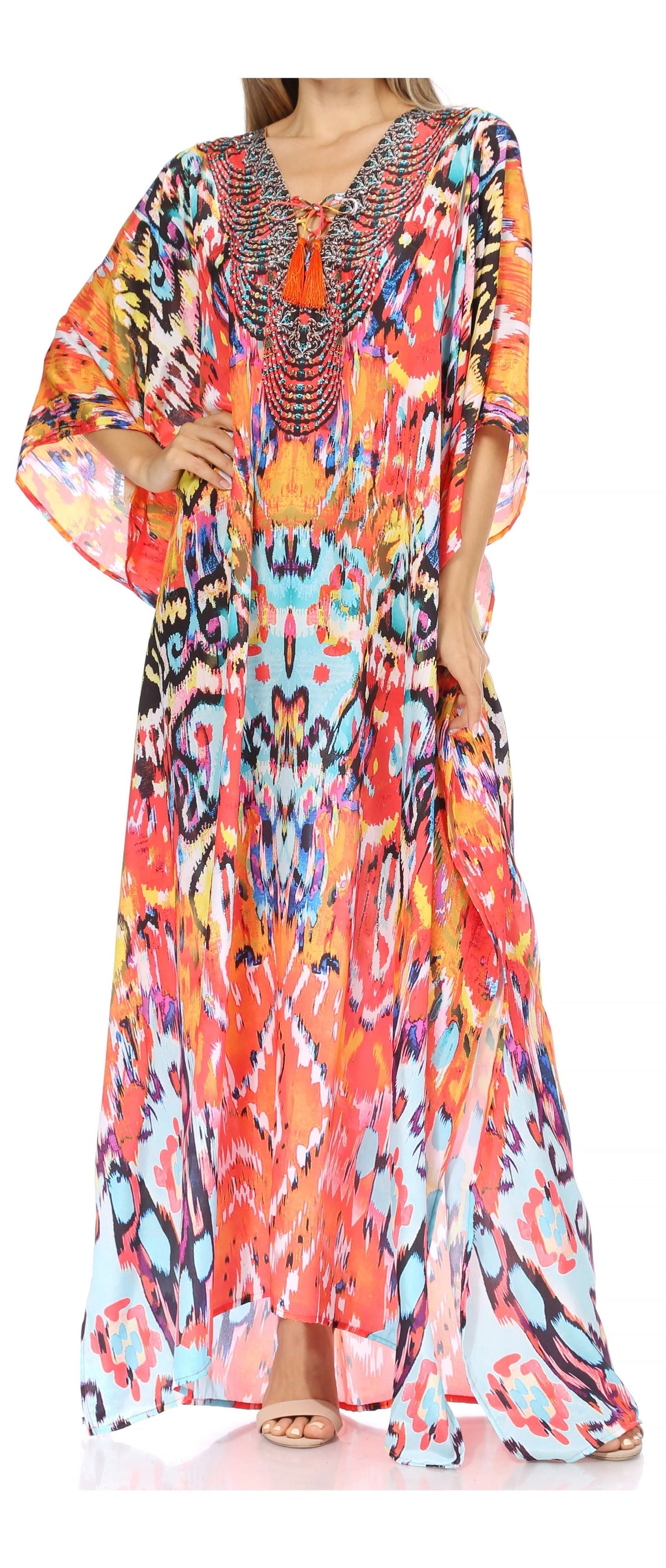 Sakkas Georgettina Flowy Rhinestone V-Neck Long Caftan Dress & Cover Up