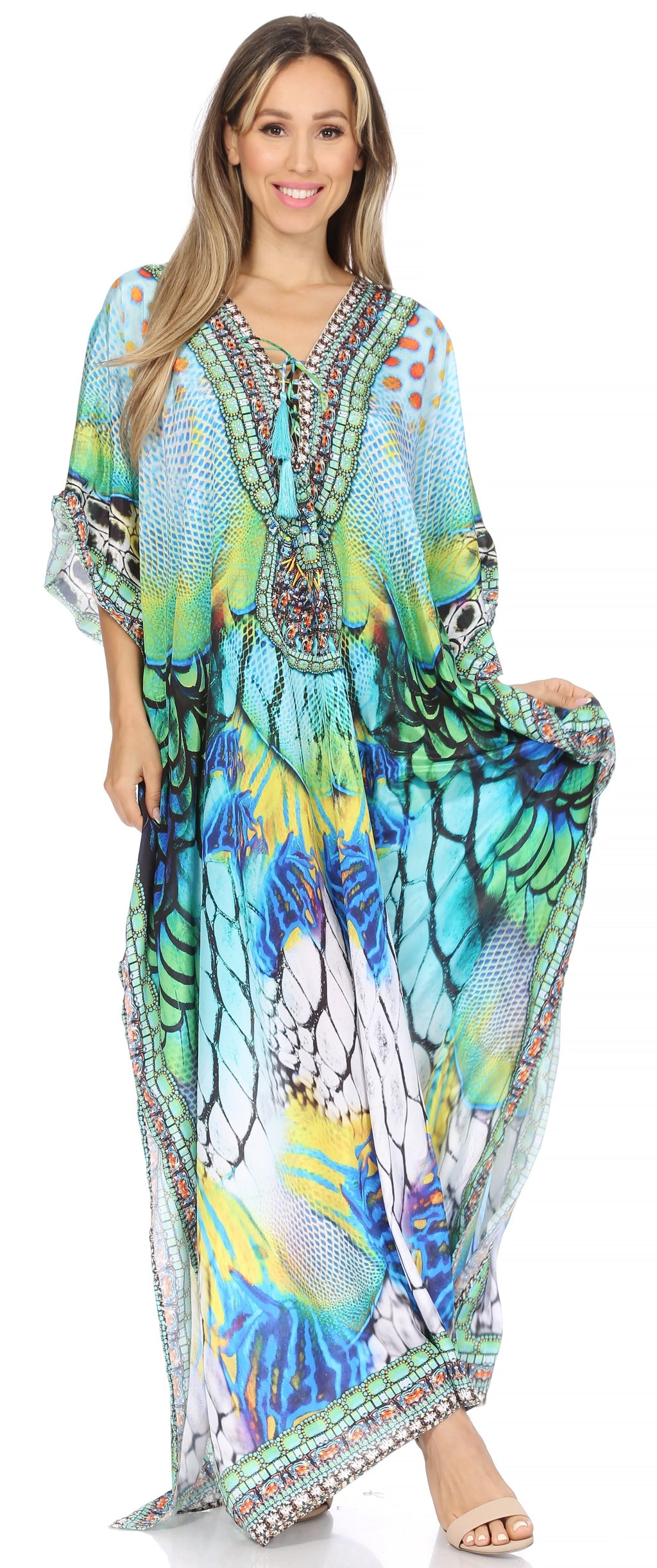 Sakkas Georgettina Flowy Rhinestone V-Neck Long Caftan Dress & Cover Up