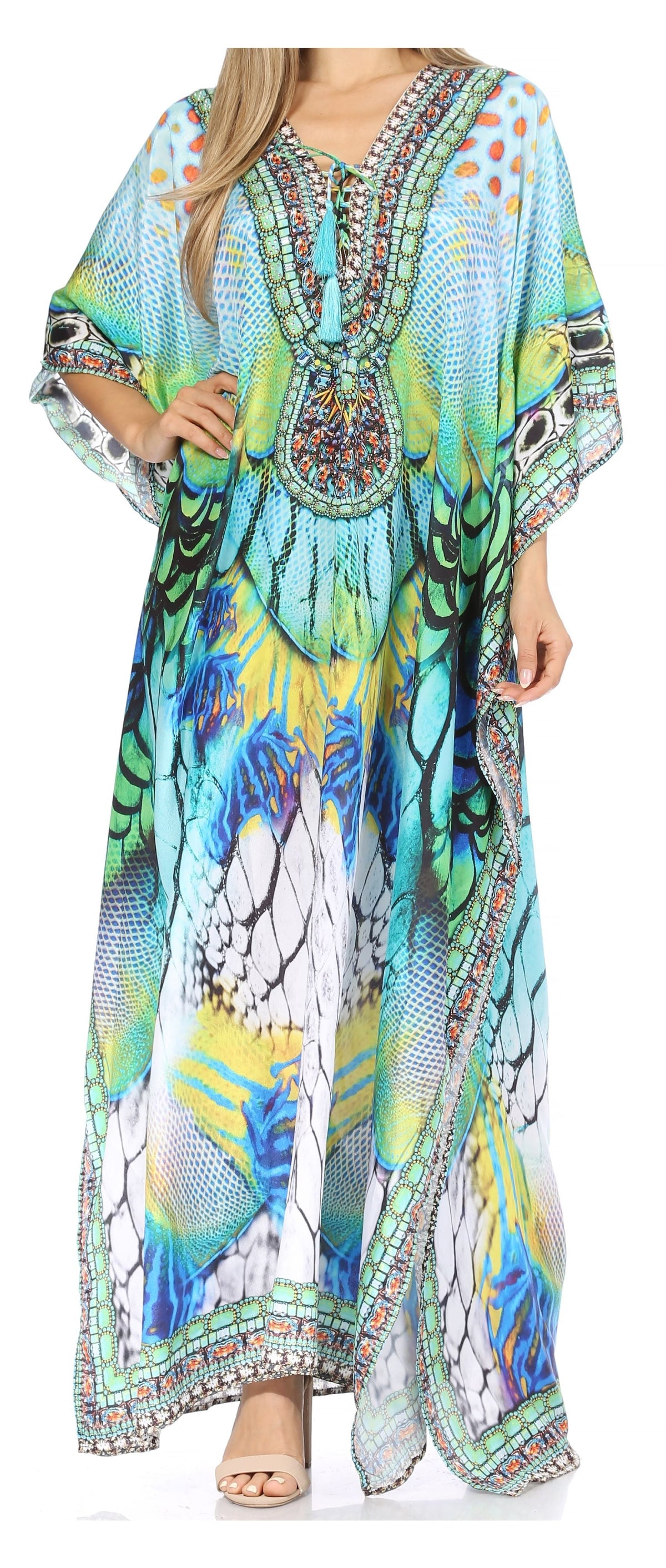 Sakkas Georgettina Flowy Rhinestone V-Neck Long Caftan Dress & Cover Up