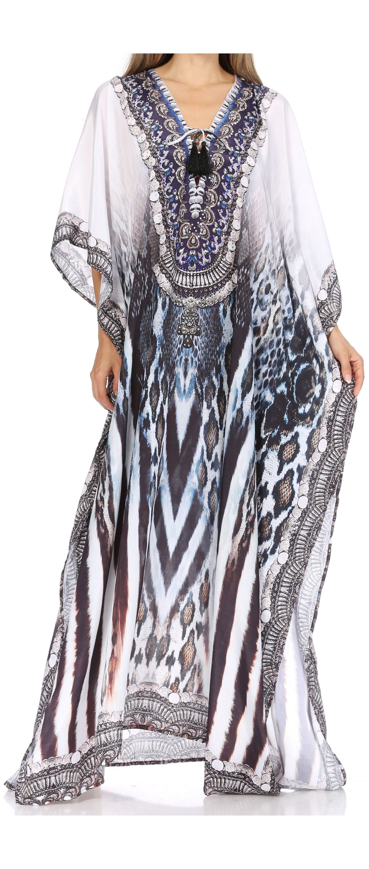 Sakkas Georgettina Flowy Rhinestone V-Neck Long Caftan Dress & Cover Up