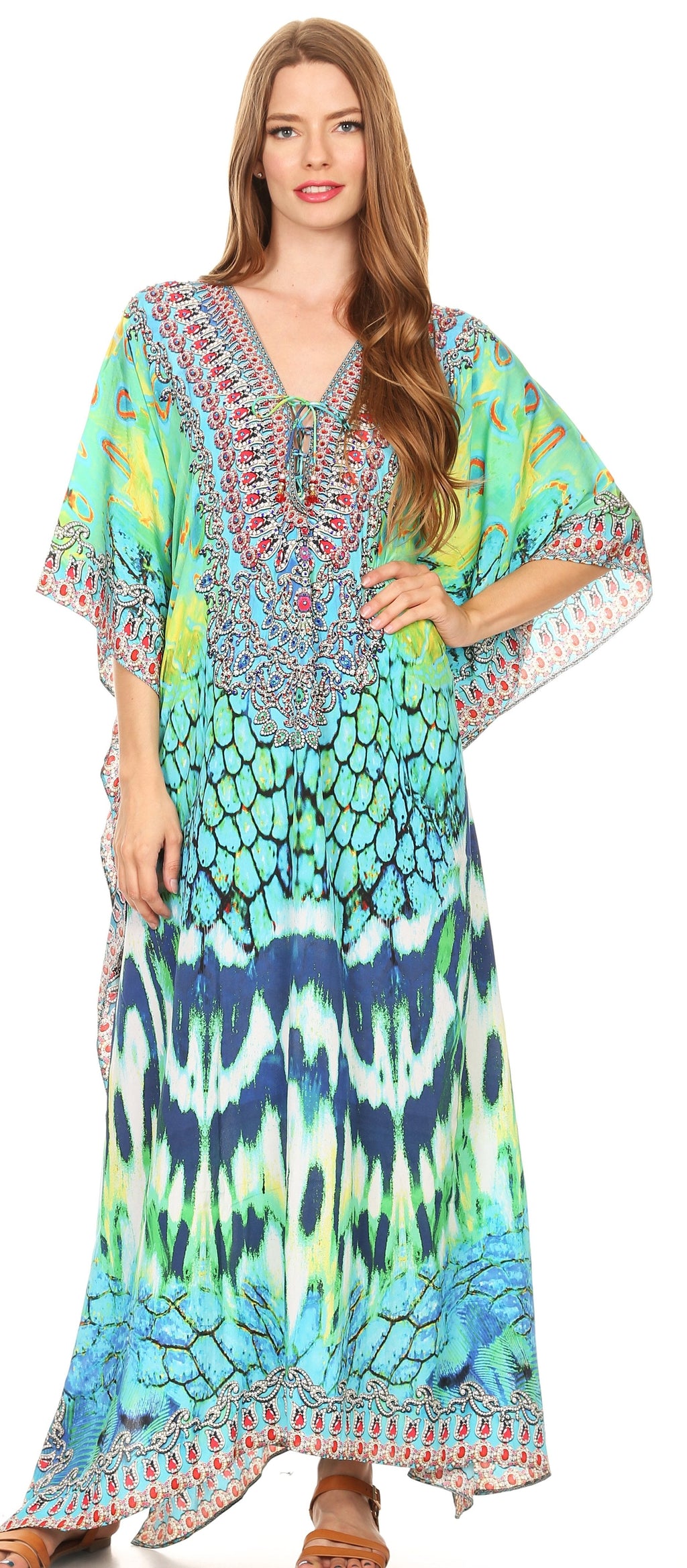 Sakkas Georgettina Flowy Rhinestone V-Neck Long Caftan Dress & Cover Up