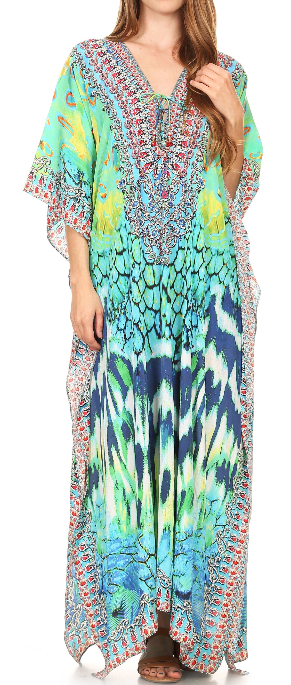 Sakkas Georgettina Flowy Rhinestone V-Neck Long Caftan Dress & Cover Up