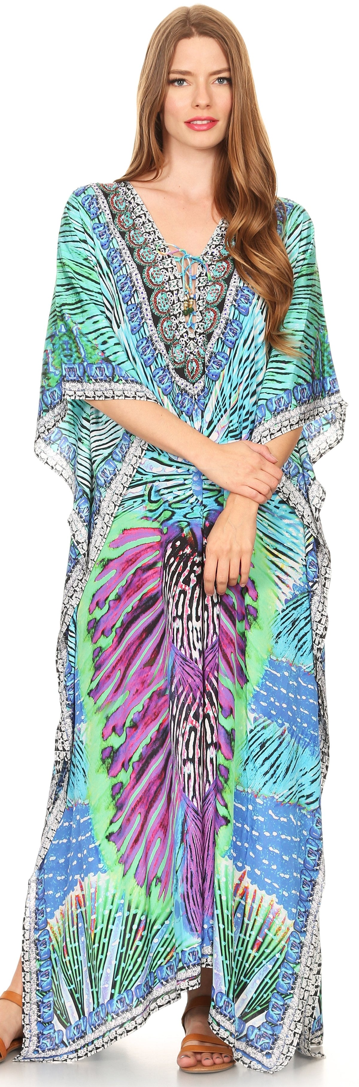 Sakkas Georgettina Flowy Rhinestone V-Neck Long Caftan Dress & Cover Up