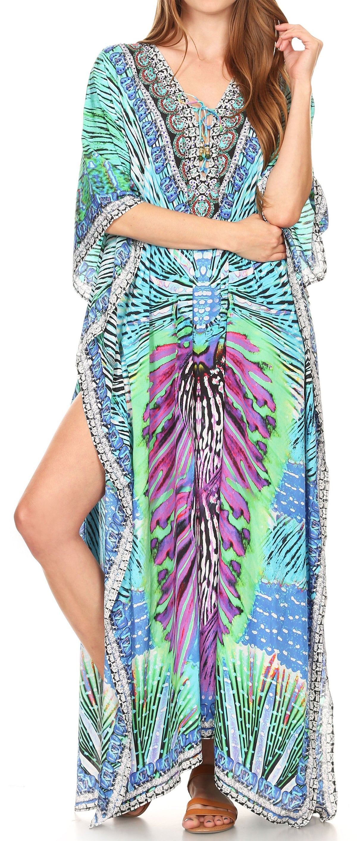 Sakkas Georgettina Flowy Rhinestone V-Neck Long Caftan Dress & Cover Up