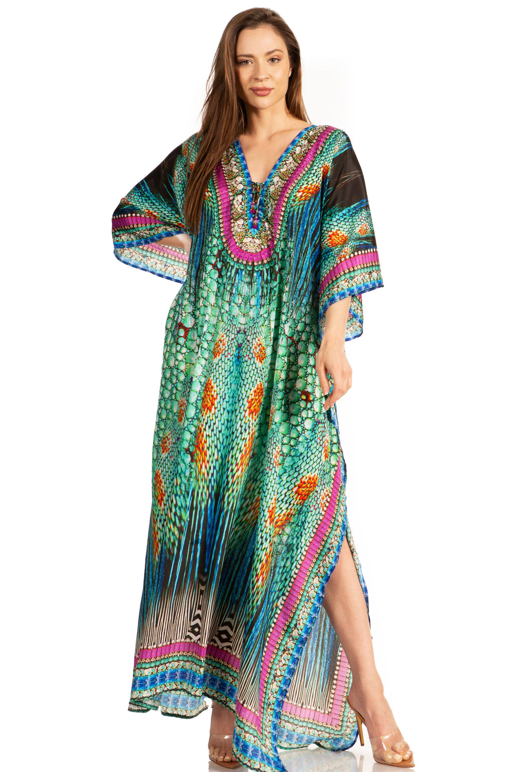 Sakkas Georgettina Flowy Rhinestone V-Neck Long Caftan Dress & Cover Up