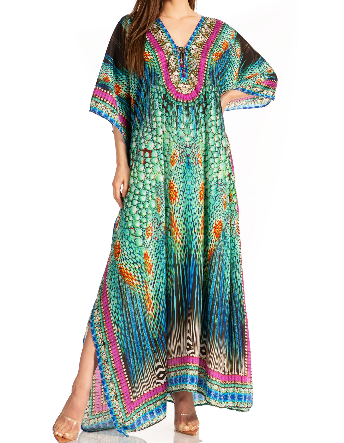 Sakkas Georgettina Flowy Rhinestone V-Neck Long Caftan Dress & Cover Up