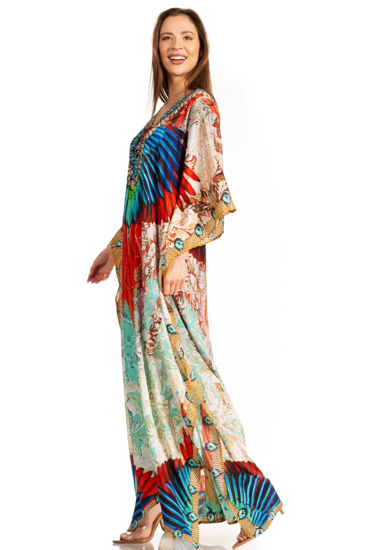 Sakkas Georgettina Flowy Rhinestone V-Neck Long Caftan Dress & Cover Up