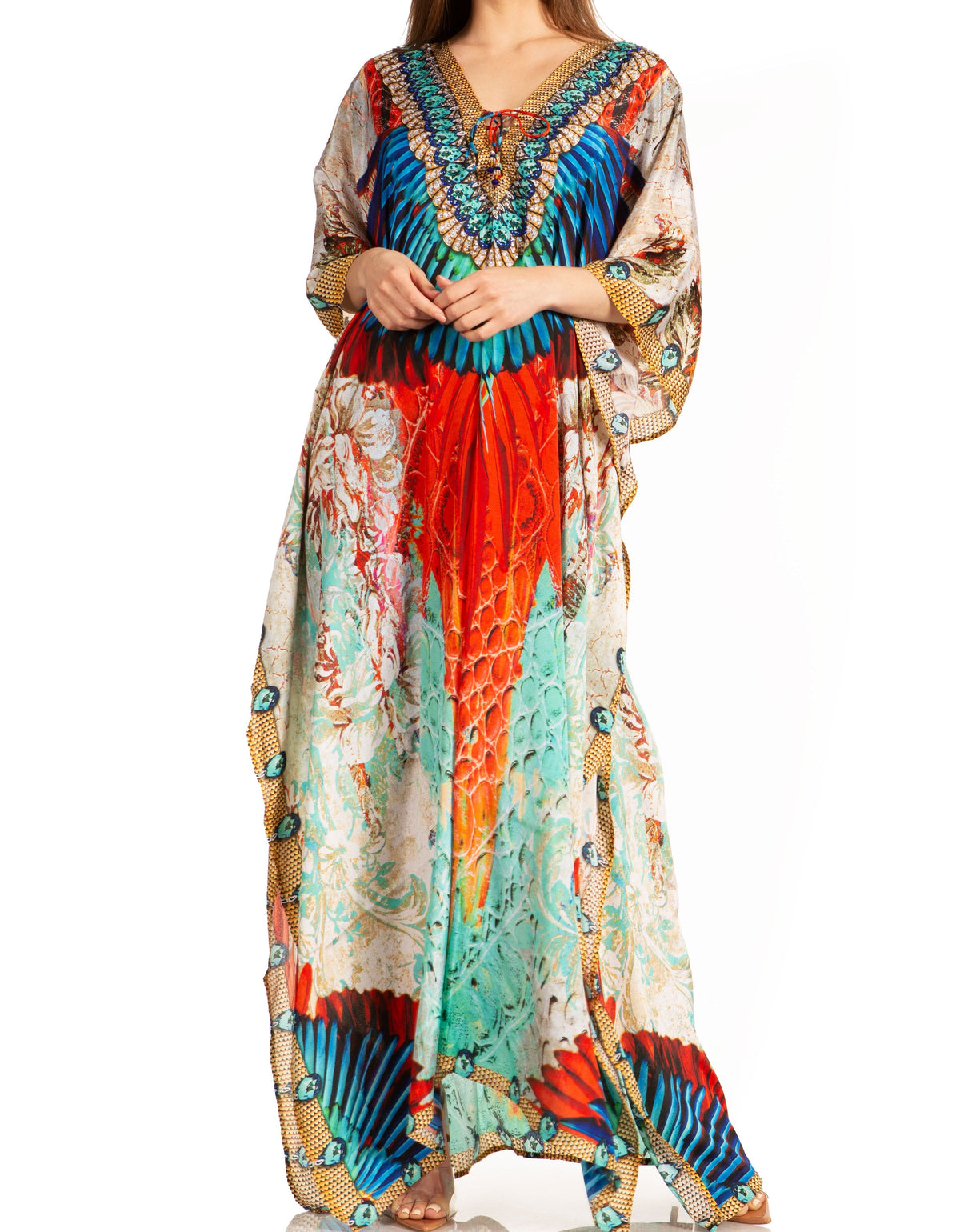 Sakkas Georgettina Flowy Rhinestone V-Neck Long Caftan Dress & Cover Up