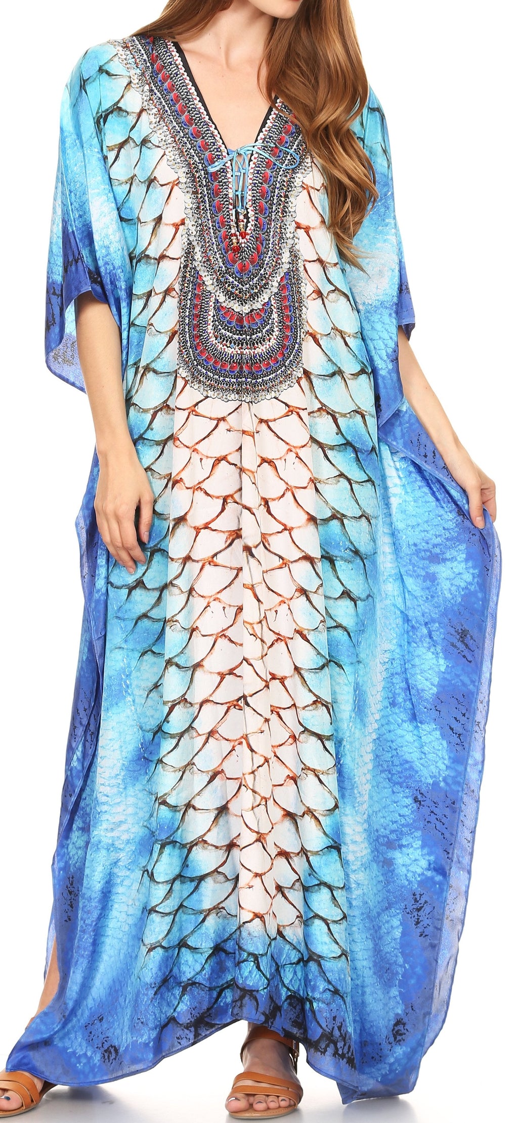 Sakkas Georgettina Flowy Rhinestone V-Neck Long Caftan Dress & Cover Up
